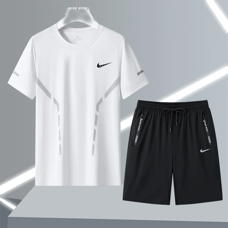 品牌优选夏季薄款速干冰丝短袖短裤户外运动休闲跑步透气男士套装