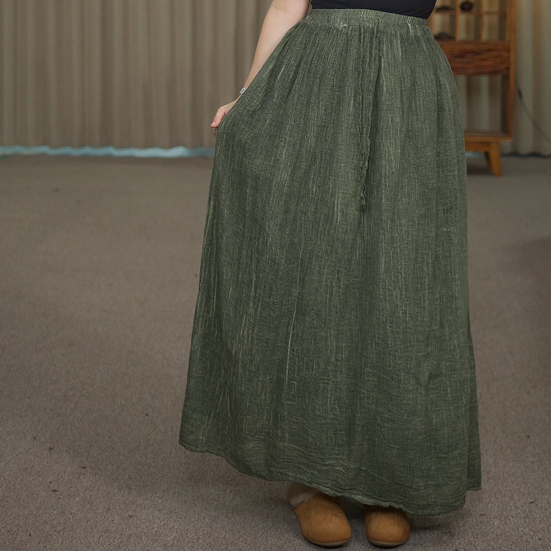 花璟与麻原创设计款纯色松紧腰半身裙 （裙长90腰围64-116）