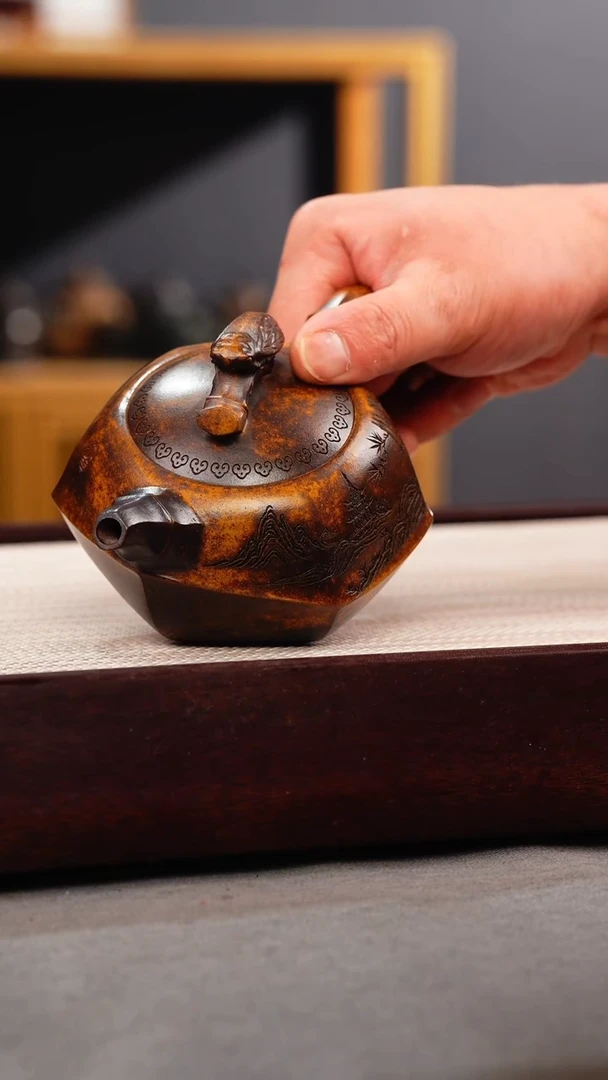 茶壶紫砂龙骨金砂 知足常乐 刻绘