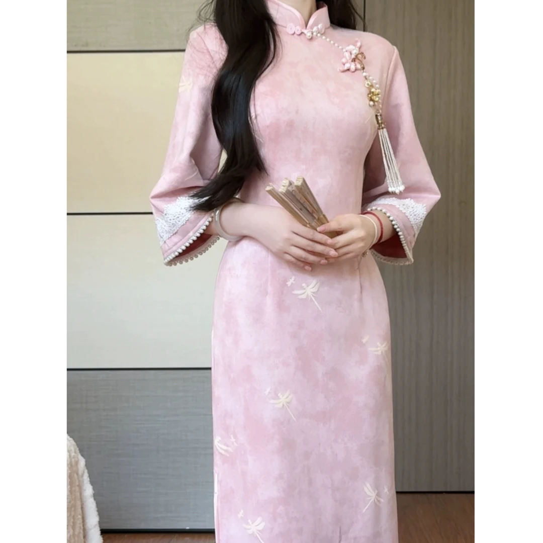 【盈盈】新中式粉色中国风常规款七分袖旗袍少女秋季秋冬日常
