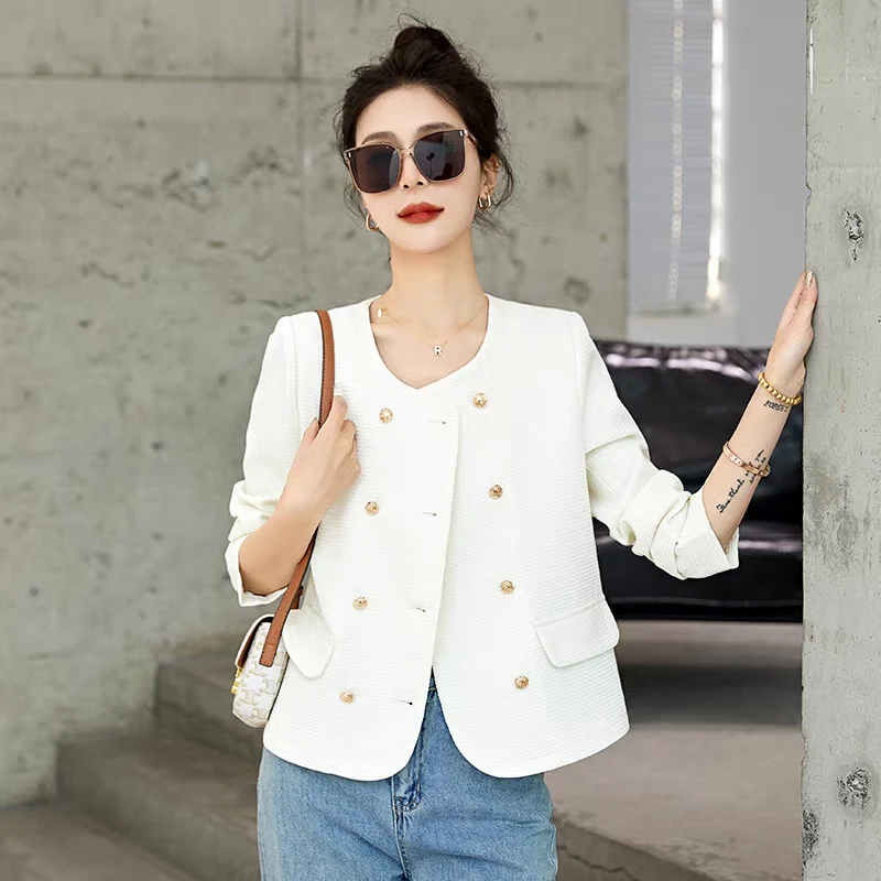 D019春季女士新款小香风圆领双排扣时尚气质百搭设计感小众短外套