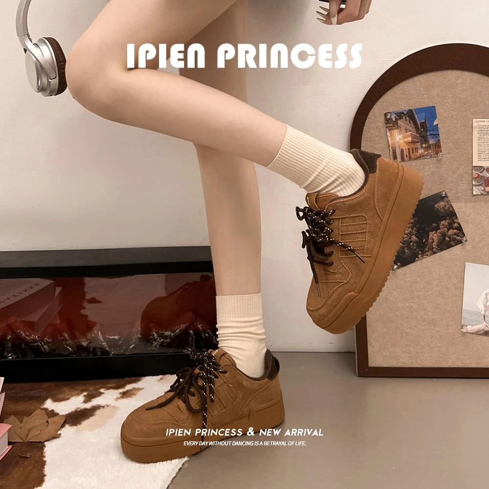 松糕底休闲鞋女2025春季新款百搭圆头双鞋带运动鞋小个子增高板鞋