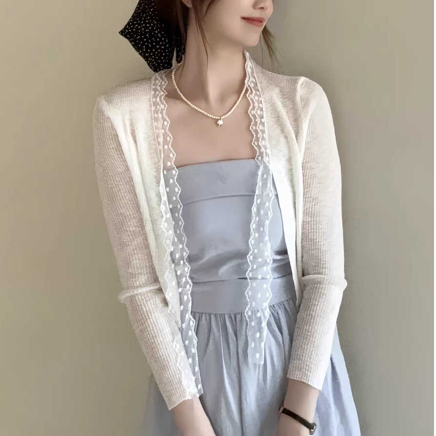 超仙法式蕾丝拼接防晒上衣开衫2025夏气质V领空调外搭薄款针织衫