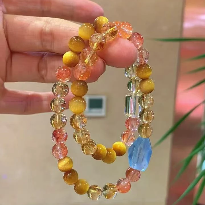 「双圈招福水晶链」金虎眼黄晶配红胶花，海蓝宝黄水晶珠，通透有质感