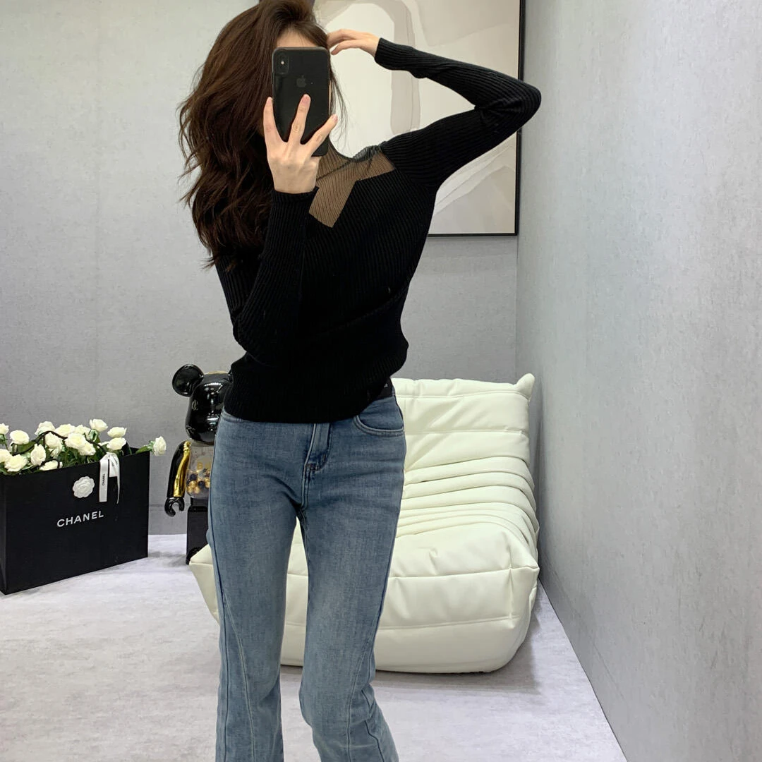 不规则透视网纱领拼接针织衫女2025秋装修身小心机毛衣修身裤子潮