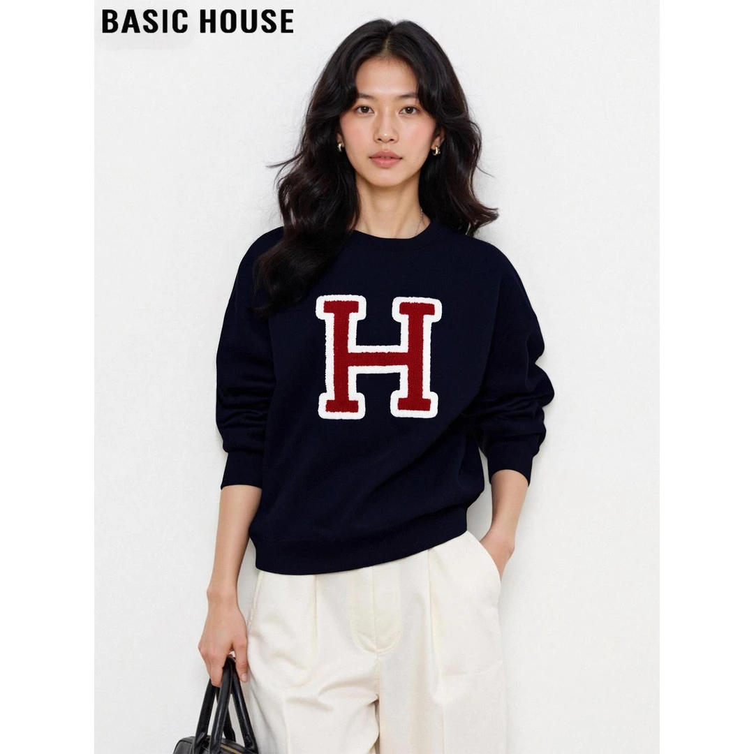 Basic House/百家好美式复古毛巾绣圆领长袖卫衣女2025秋套头上衣
