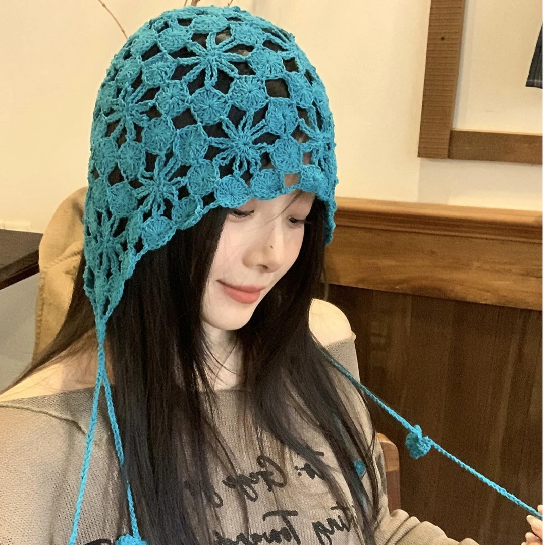 川西旅游手工钩织包头帽女镂空流苏花朵套头帽大头围针织帽子