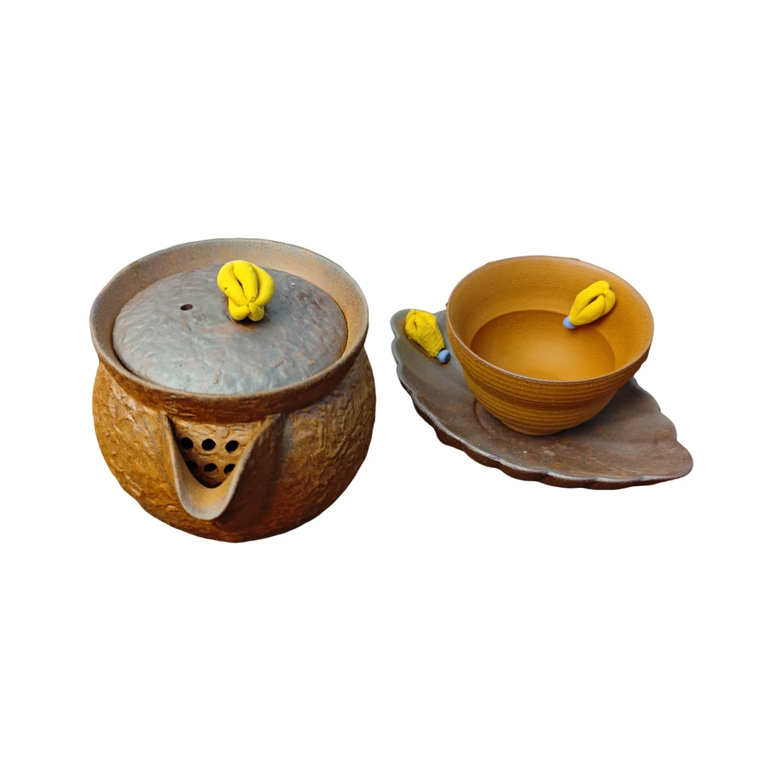 复古粗陶佛手瓜茶具套装（一手抓壶一杯一杯垫）0565