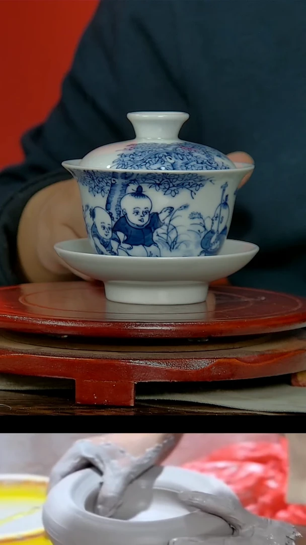 【闪购商品】009民间艺人青花童子画片三才盖碗