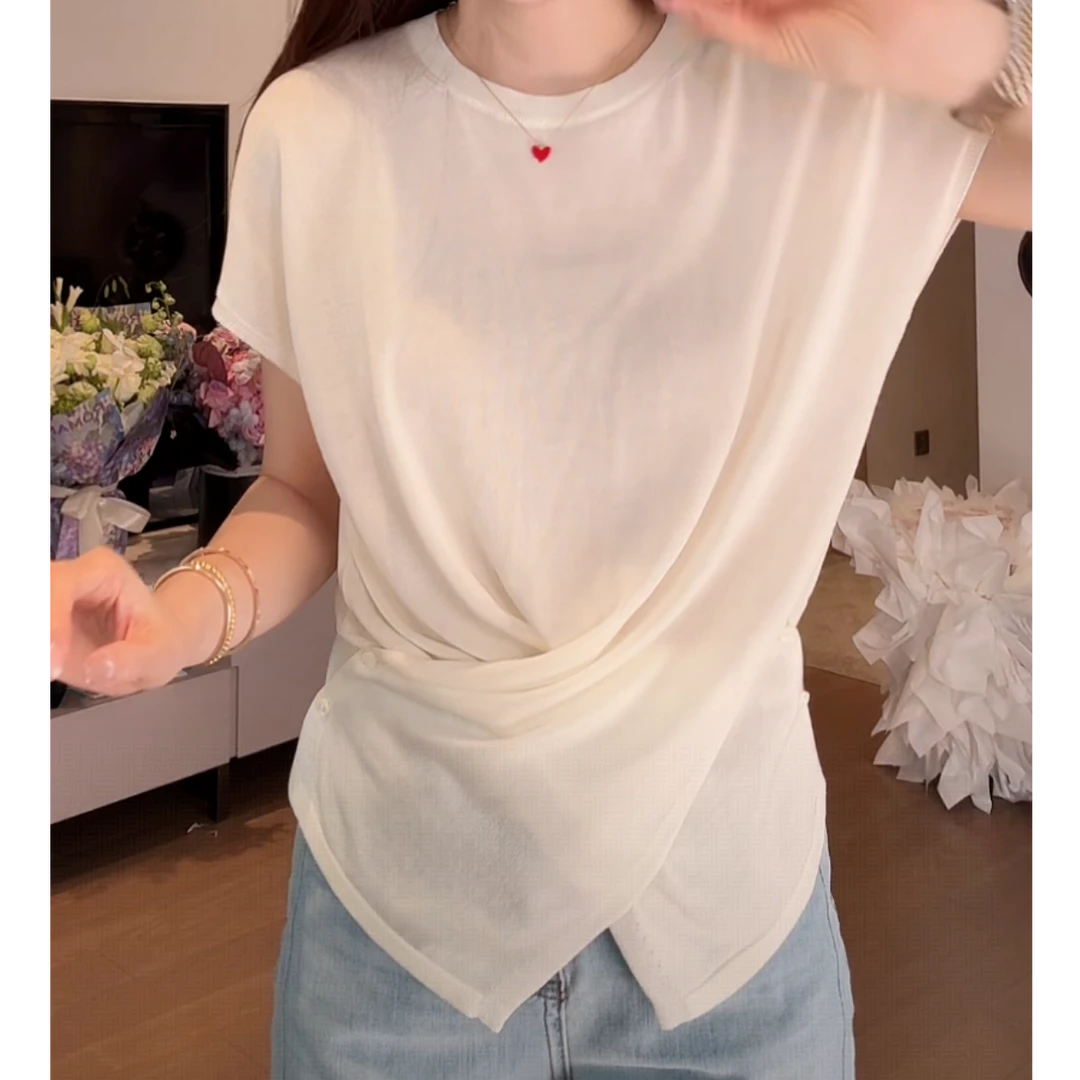 法式不规则开叉纽扣设计感绑带短袖T恤2025夏季新款时尚通勤上衣