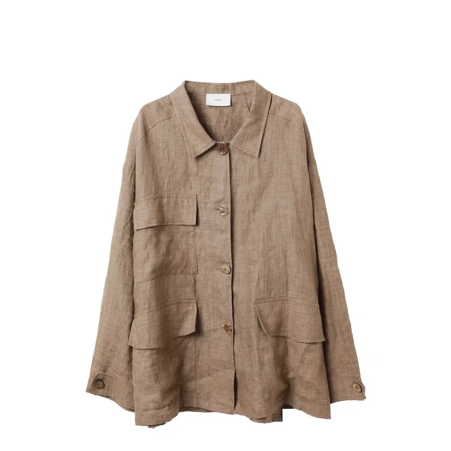 ICE DUST 25春夏系列亚麻纹理感大口袋定制扣翻领衬衫外套上衣女