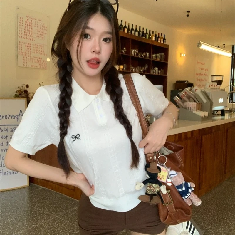 2025春夏款蝴蝶结刺绣麻花POLO领针织衫女韩系气质显瘦百搭上衣