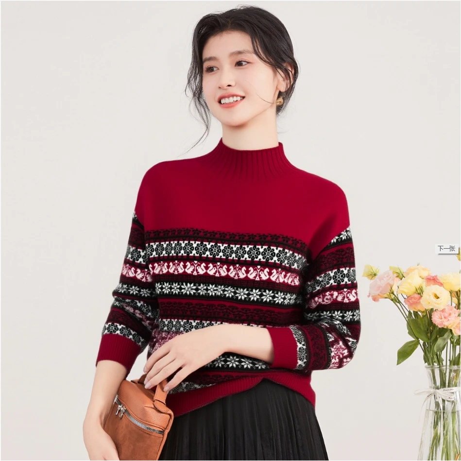 100%绵羊毛费尔岛半高领长袖撞色女式羊毛衫25DAK1480