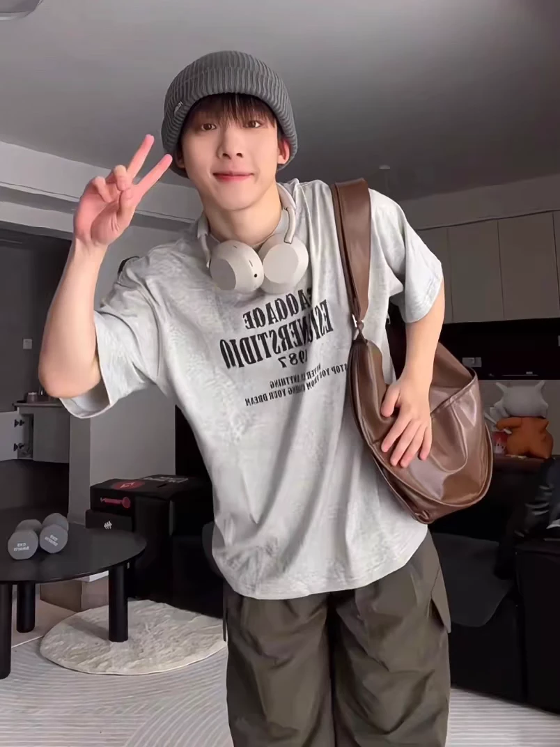 重磅纯棉美式休闲字母印花短袖t恤男士宽松圆领灰色半袖T恤潮夏季