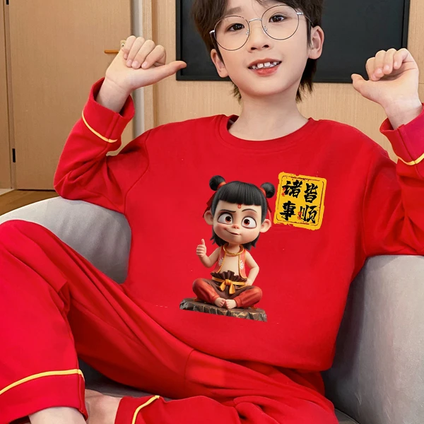 哪咤2025春秋新款长袖薄款儿童睡衣家居服红色男童圆领中大童套装