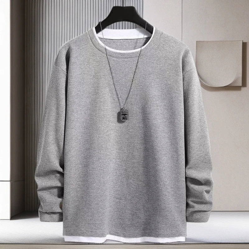 仓石一树春秋季华夫格男士卫衣纯色宽松百搭打底衫上衣高级感男装