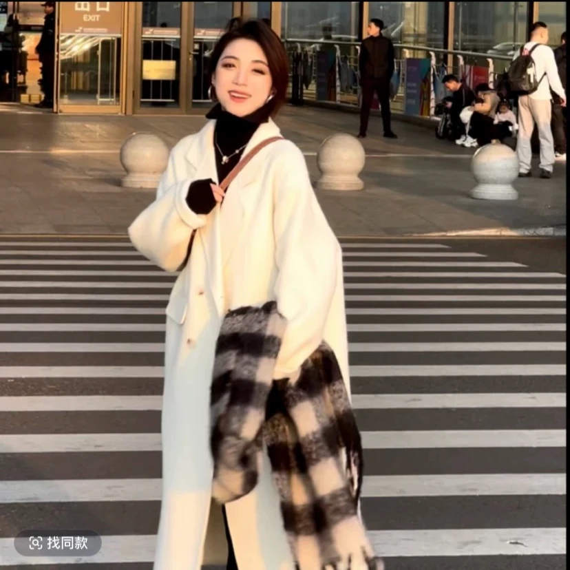 海盐玫瑰秋冬开叉版百搭新款时尚羊毛外套韩版双面大衣