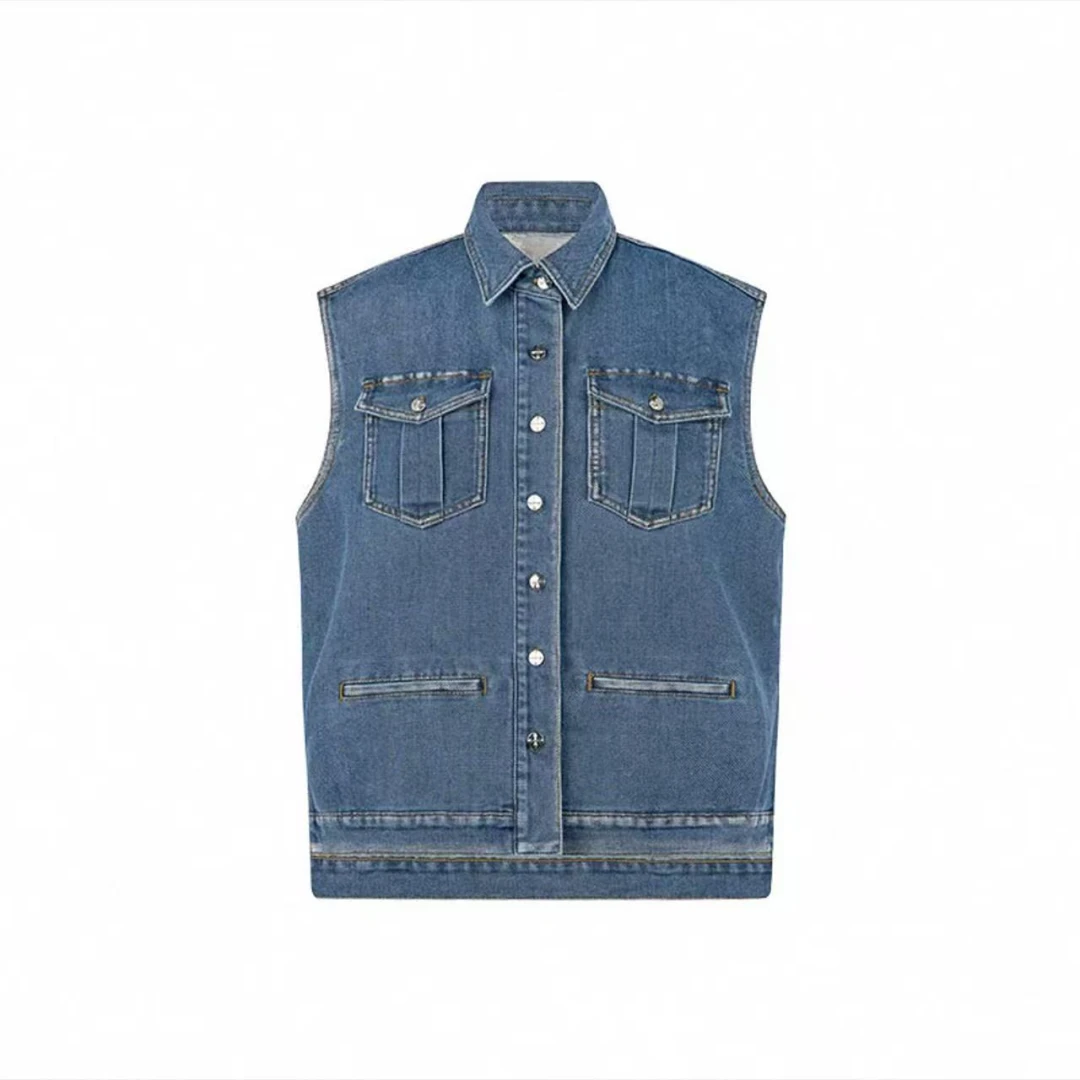 TY/-兰迪牛仔马甲 盐系千金~金丝牛仔棉翻领磨白马夹*LL 1001