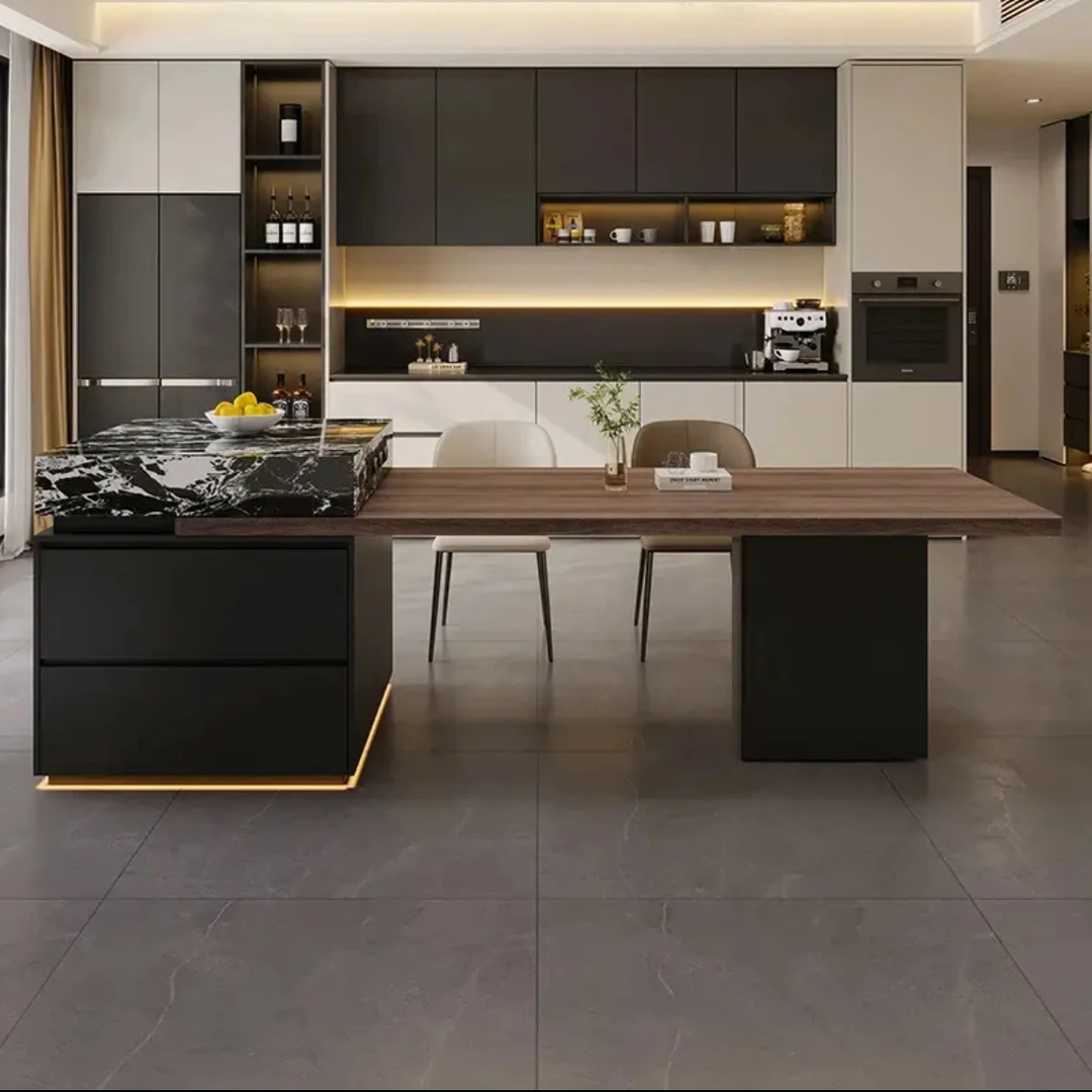 意式极简岩板岛台餐桌一体定制链接伸缩中岛台轻奢岛台定制