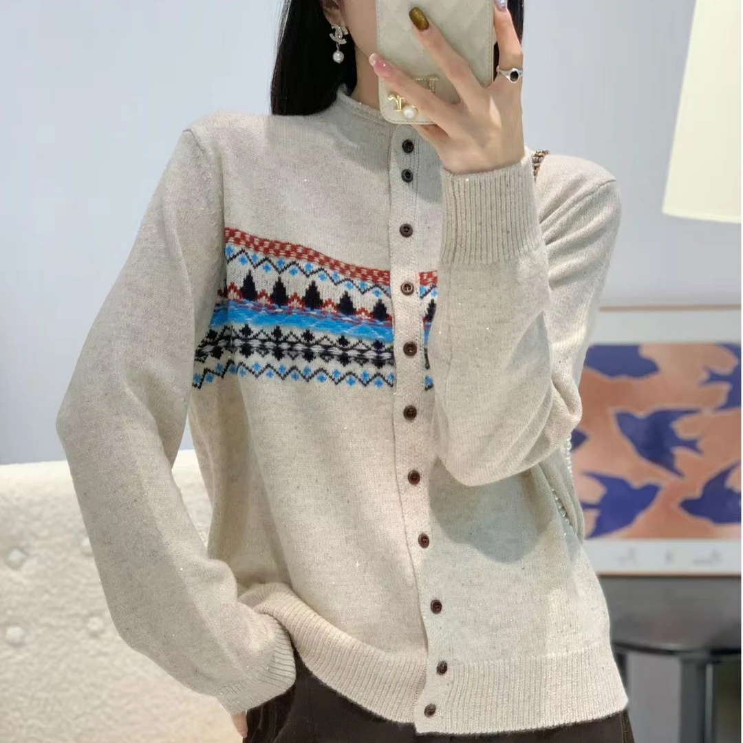 秋冬季设计感时尚气质洋气减龄提花圆领亮片百搭针织开衫B031#