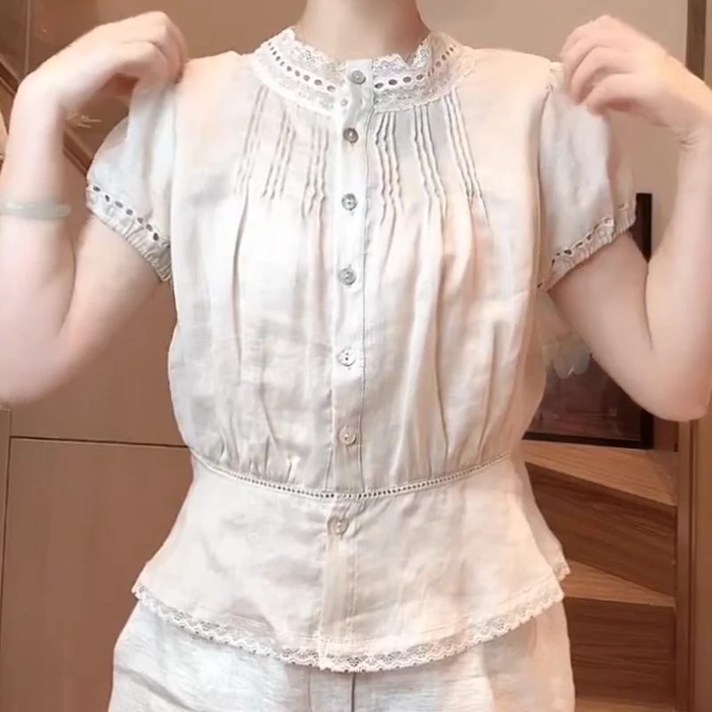 2025夏季新款法式蕾丝百搭显瘦拼接泡泡短袖衬衫上衣LK2504812