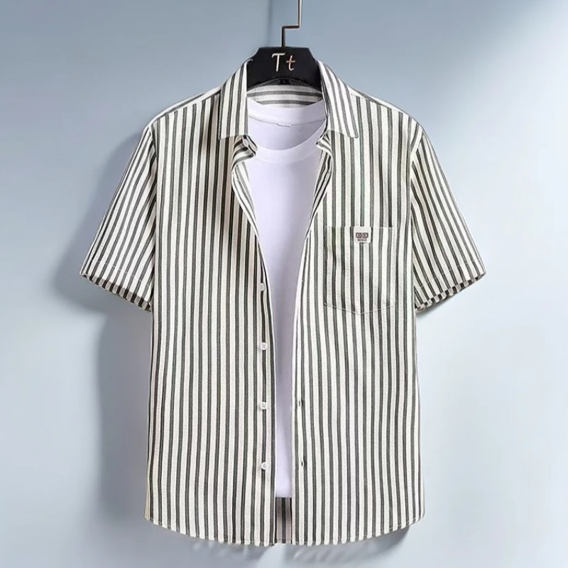 夏季条纹短袖男条纹新款男士衬衫百搭男士流浪宽松风休闲薄款衬衣