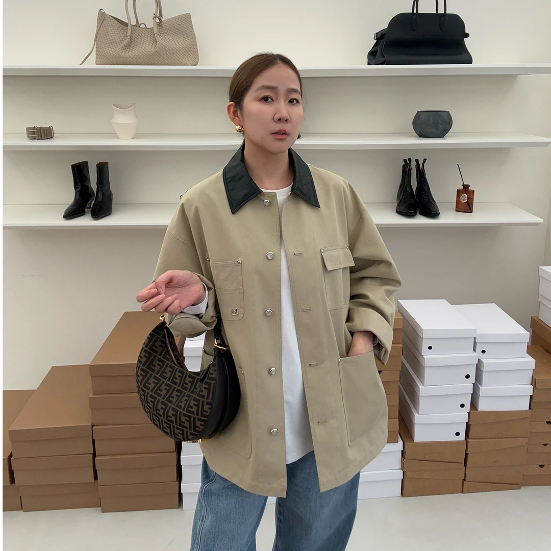 widelia陈姬儿秋季巴恩风撞色翻领工装外套多口袋宽松外套8029