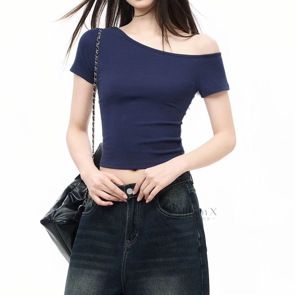 短款短袖刺绣撞色修身T恤显瘦百搭时尚半袖露肩内搭纯色