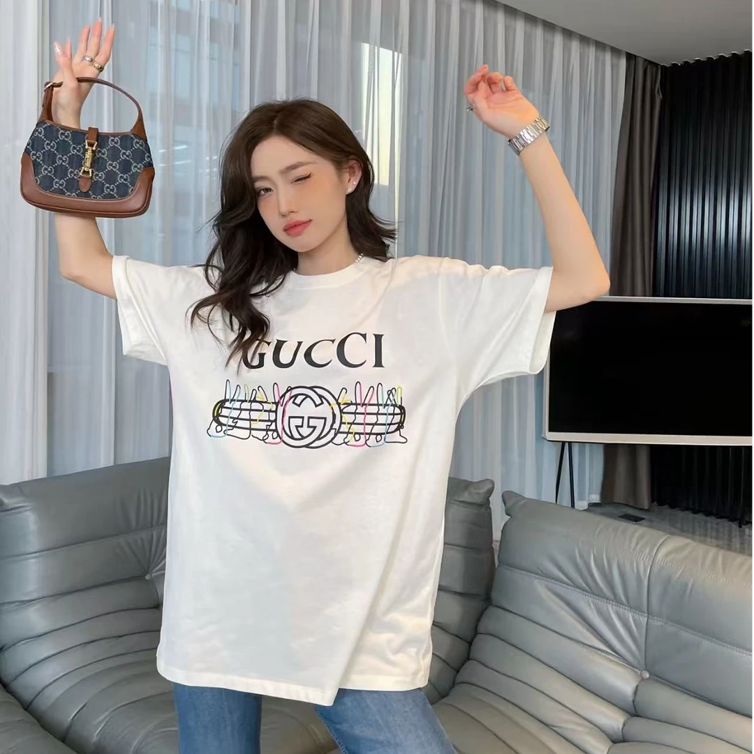 95新 GUCCI/古驰 白色大logo短袖时尚百搭T恤 XL码 G2429