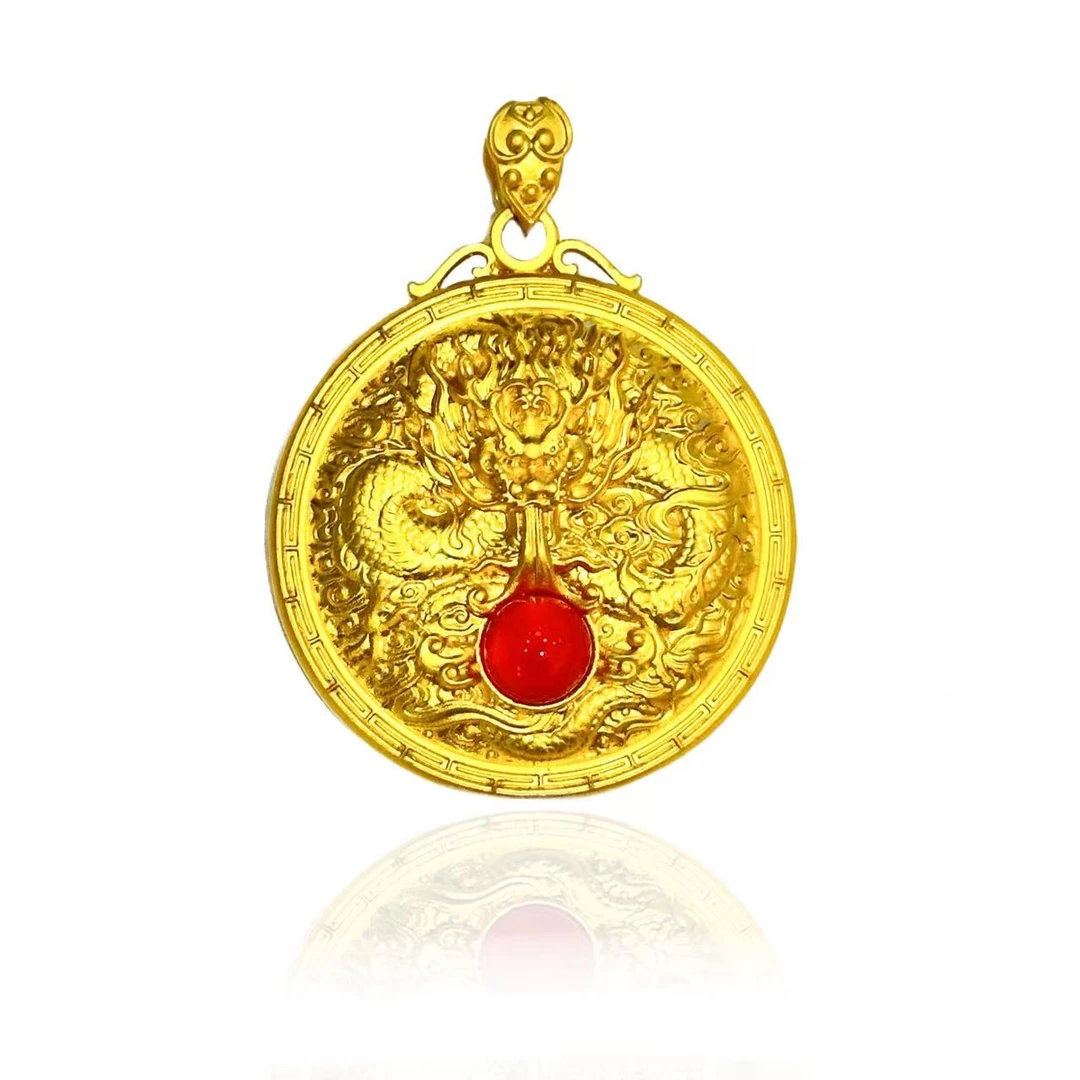 【S.】真龙天子众浮生旭日红玉髓镶嵌合金吊坠赠链YPN430