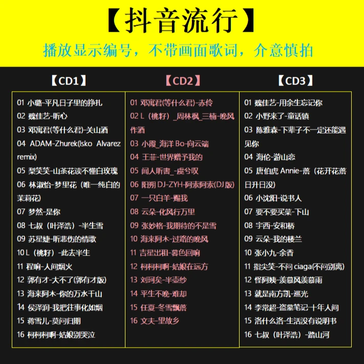 【抖音流行 3CD】 抖音热歌 流行歌曲 光盘碟片 WAV无损音质 A1806