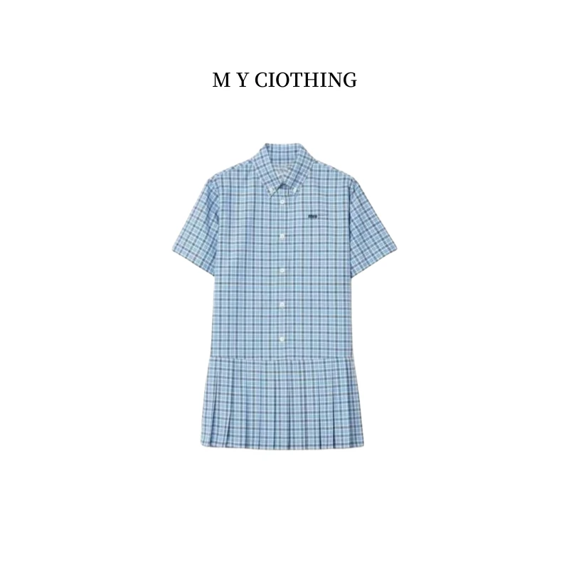 DF 高定25新款刺绣字母蓝白格子连衣裙小个子短袖衬衫百褶连衣裙