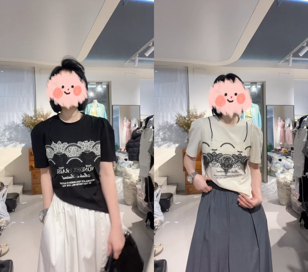 2025设计感蕾丝拼接款宽松洋气别致绝美韩系上衣百搭t恤