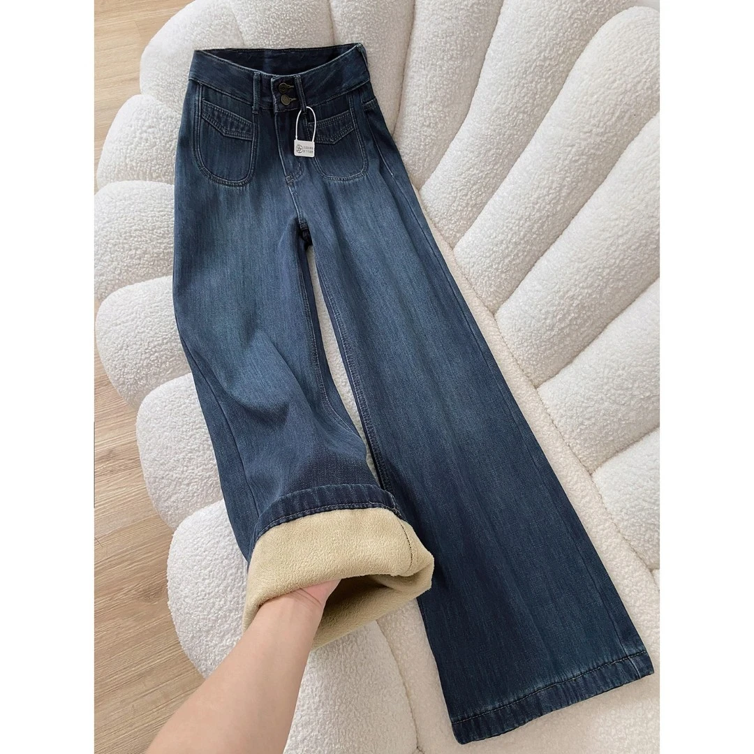 小个子阔腿牛仔裤女款2025秋冬新款高腰显瘦垂感加绒拖地裤子