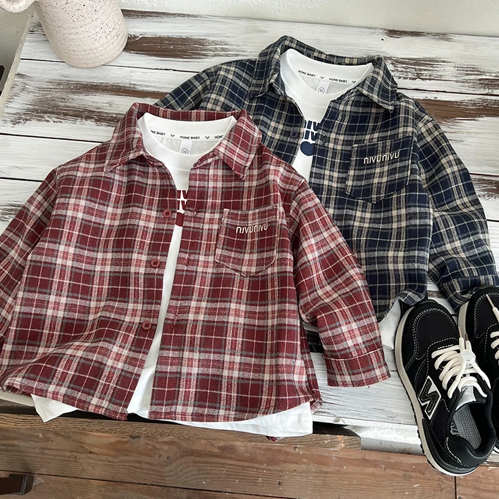 加绒男童格子衬衫外套秋冬新款儿童洋气长袖衬衣韩版宽松男孩上衣