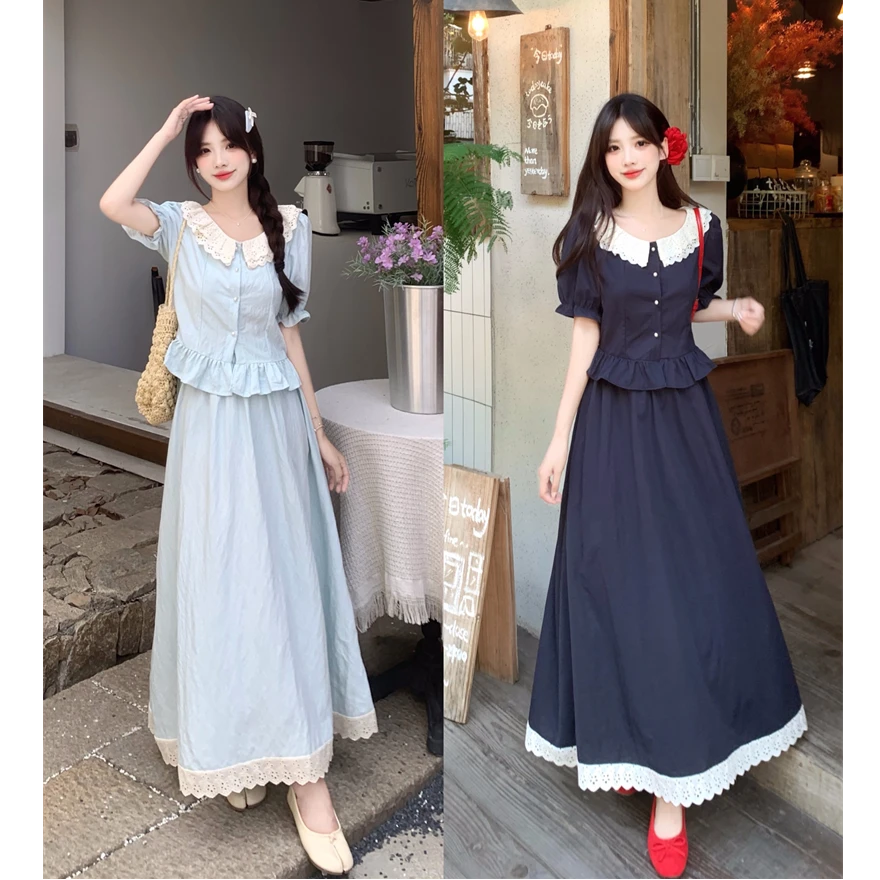 大码韩系甜美花边短袖衬衫+高腰半身裙减龄两件套时尚穿搭