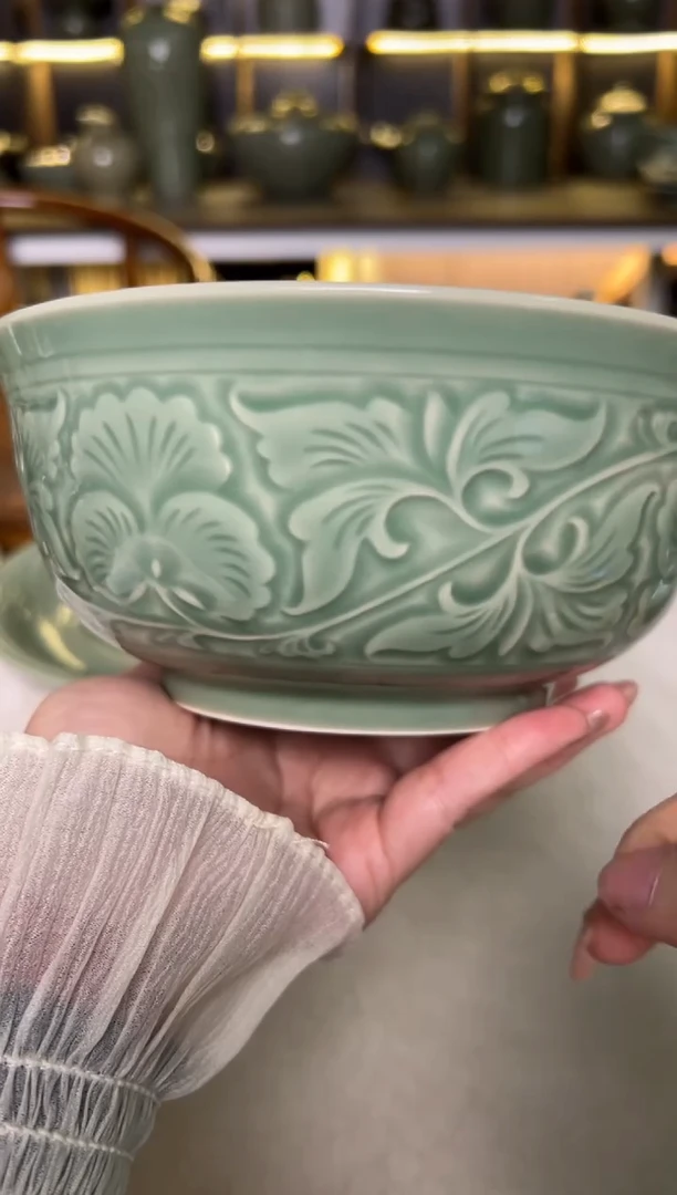 陶瓷拥**民耀州窑青釉7寸缠枝牡丹大碗60只正品