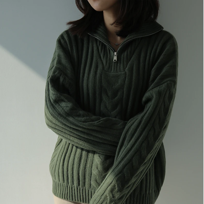 菲洛索菲秋冬保暖穿搭女新款100羊绒绞花拉链翻领套衫针织上衣