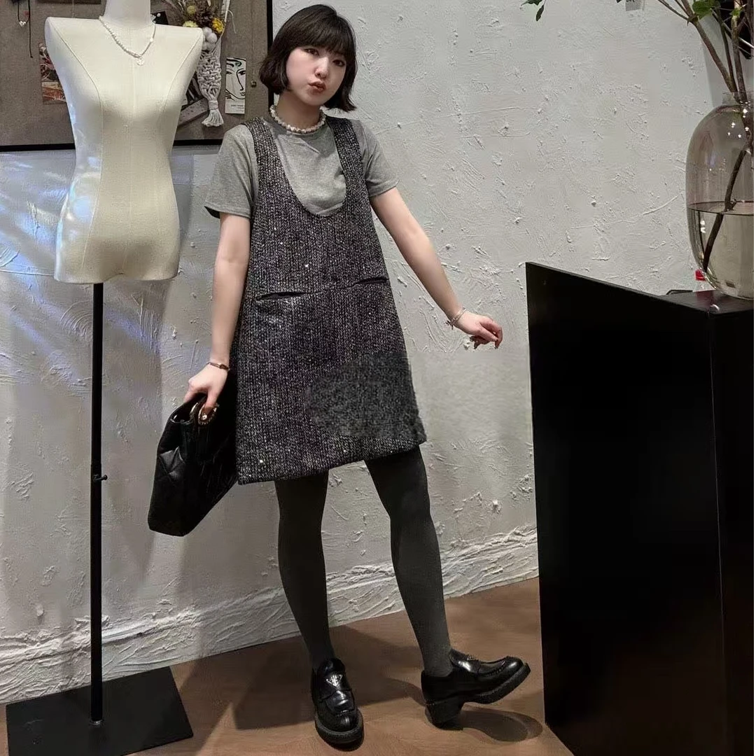 〖猫姐衣橱〗早春新款亮闪粗花毛呢纹半袖两件套裙25111