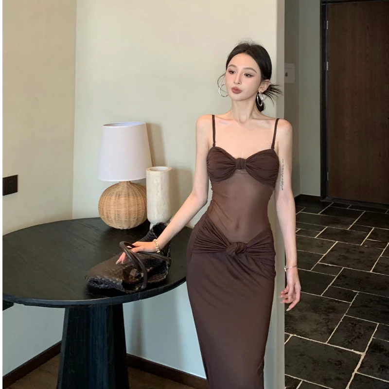 性感海妖风透视网纱女装拼接蝴蝶扭结收腰包臀吊带连衣裙#22671