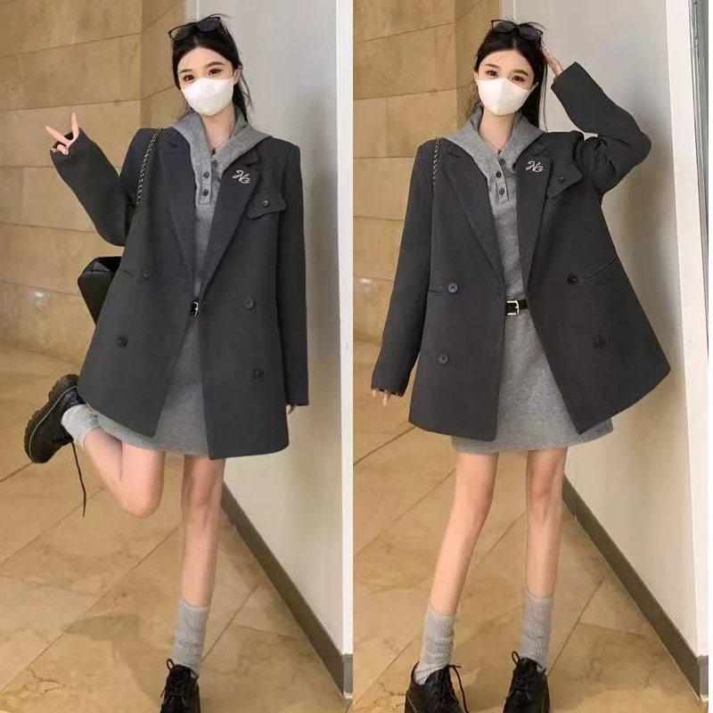 大码灰色西装式外套女秋冬季胖妹妹英伦风时髦外套女+连衣裙
