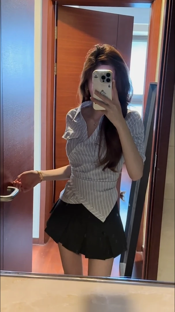 韩系学院风jk制服套装不规则蓝色条纹衬衫百褶短裙减龄两件套裙装