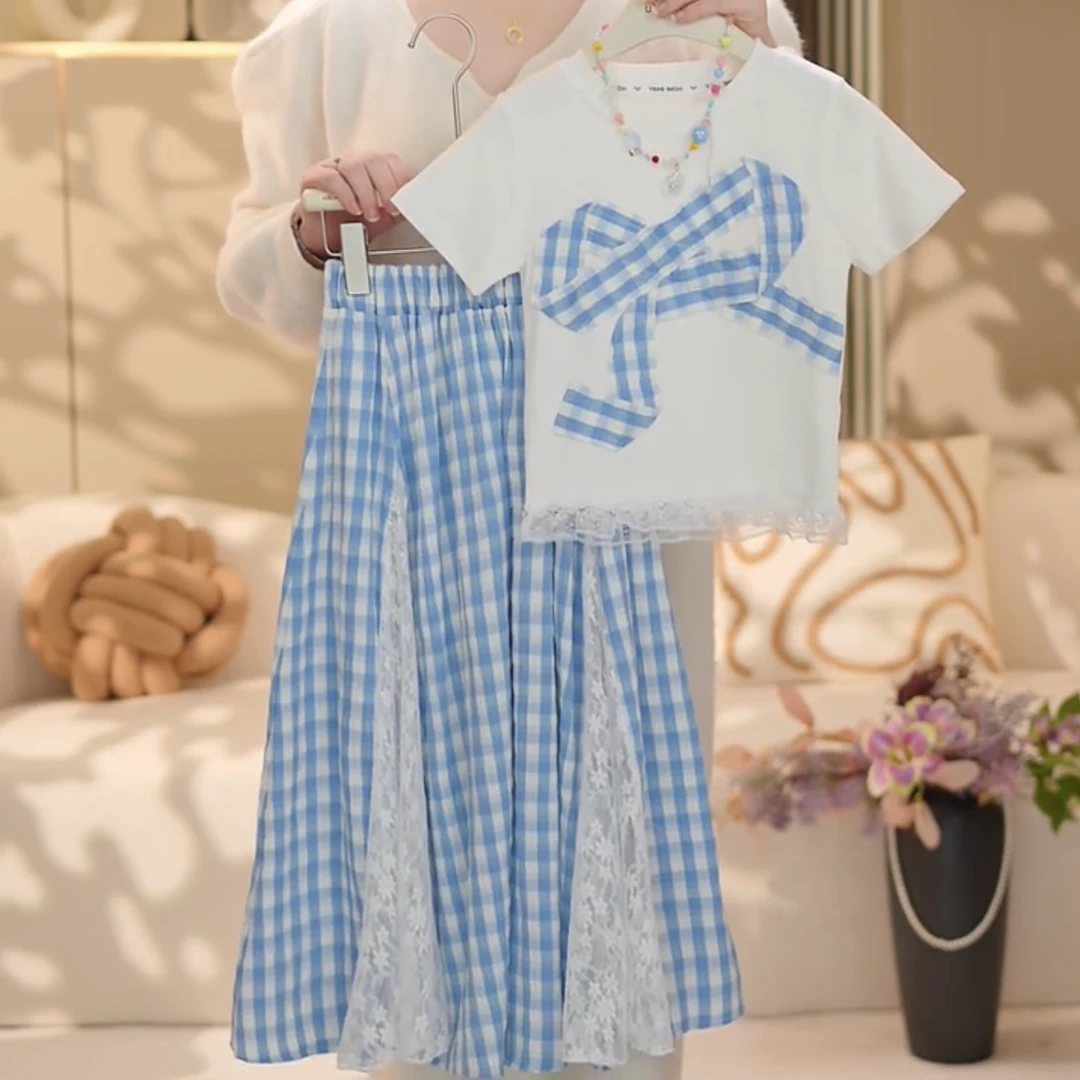 女童2025夏季新款洋气清新蝴蝶结短袖拼接蕾丝格子裙套装YY100