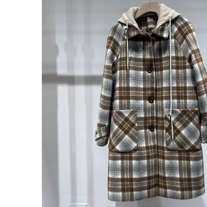 8020#【长88】2025新款时尚气质连帽夹棉毛呢外套