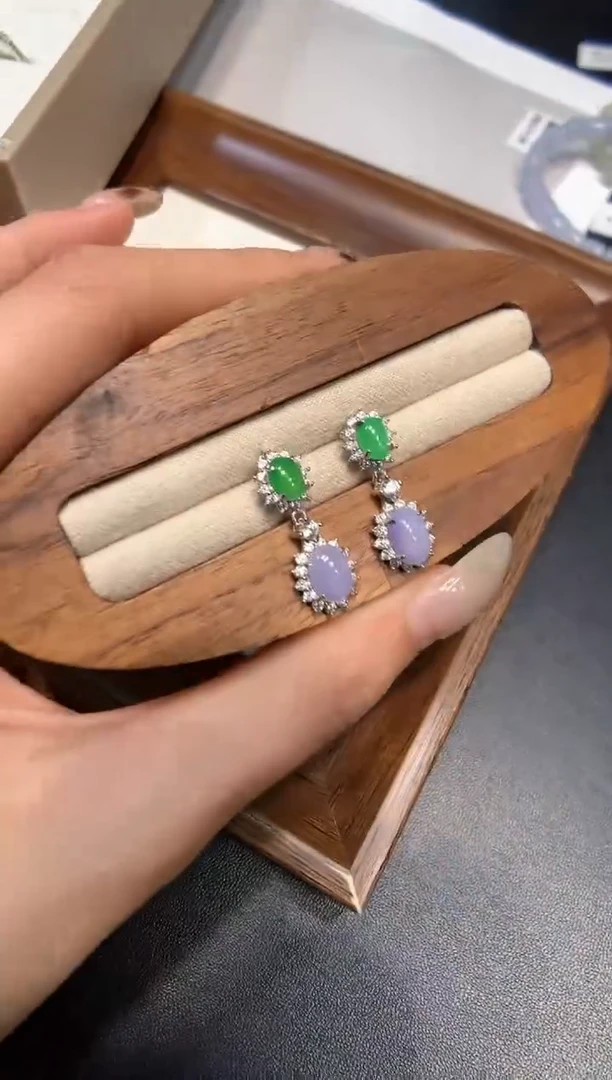 银S925镶嵌翡翠耳饰耳钉