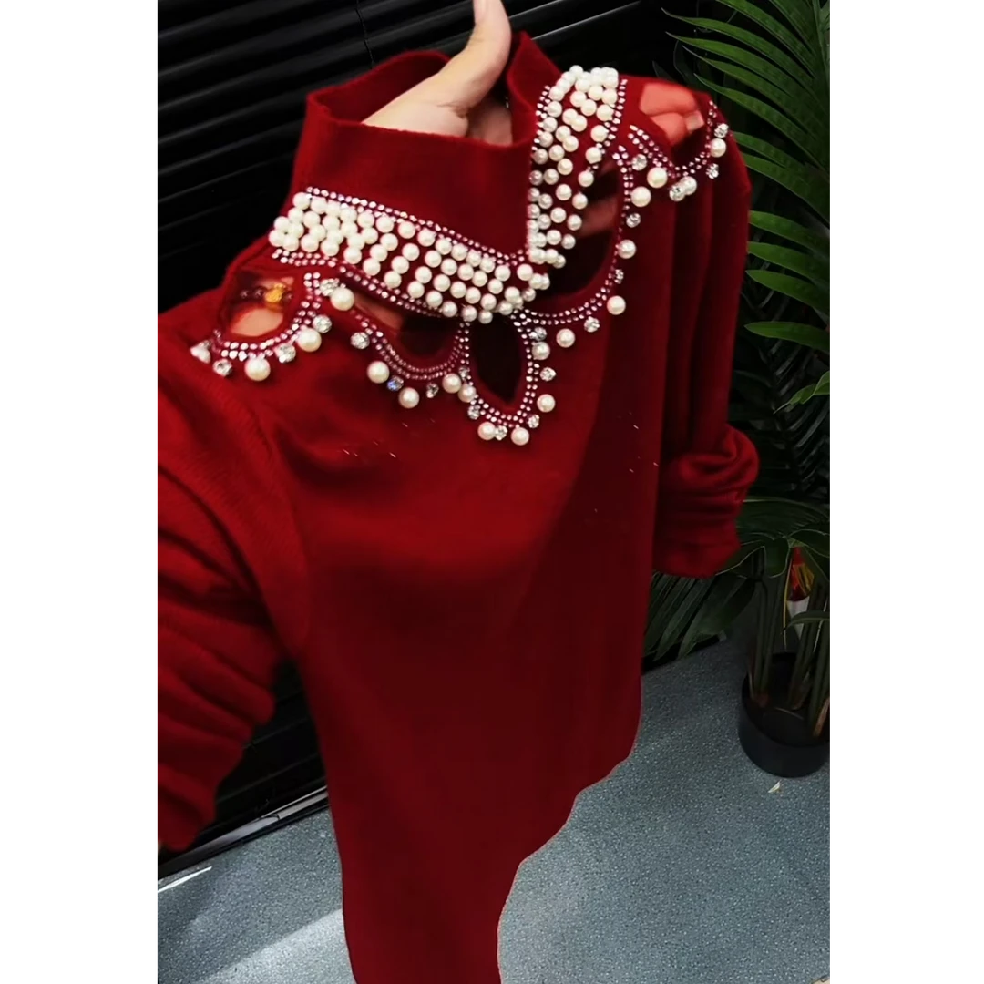 重工钉珠钻立领针织衫女洋气减龄显瘦秋冬大码高级感气质新款毛衣