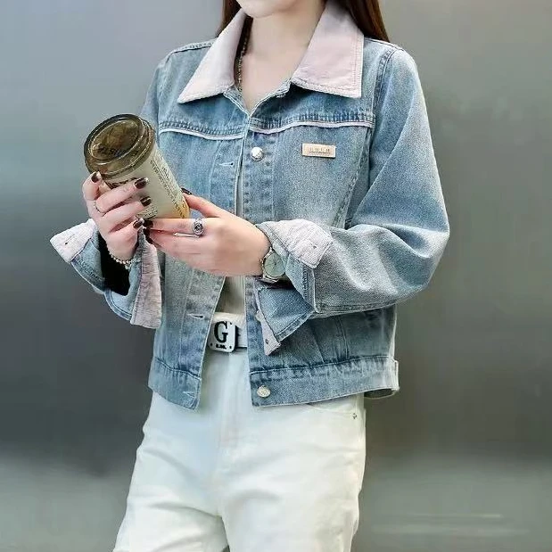 牛仔拼接撞色短外套女春季新款时尚洋气减龄上衣#3810