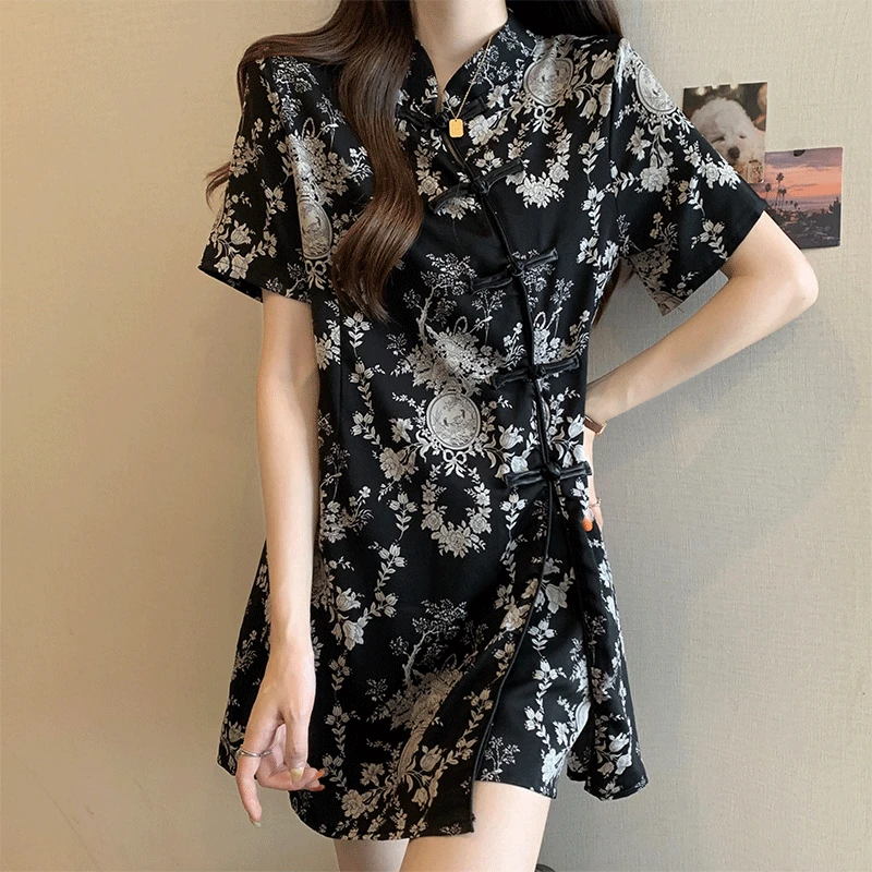 2025夏季新款大码复古中式国风立领盘扣设计开叉小衫短裤套装