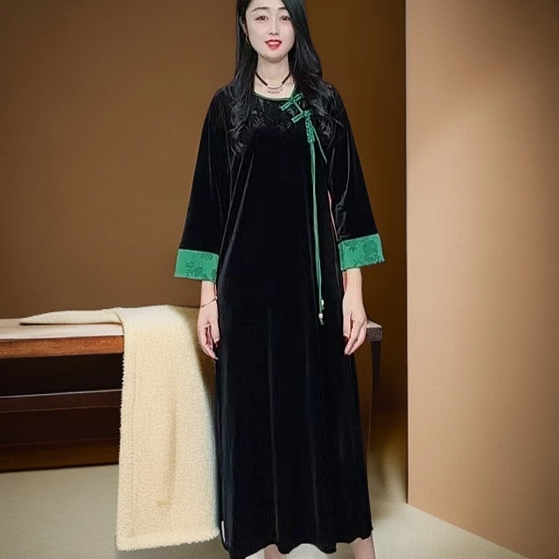 高品质秋装妈妈长裙时尚宽松金丝绒中年女装礼服婚礼洋气遮肚大码