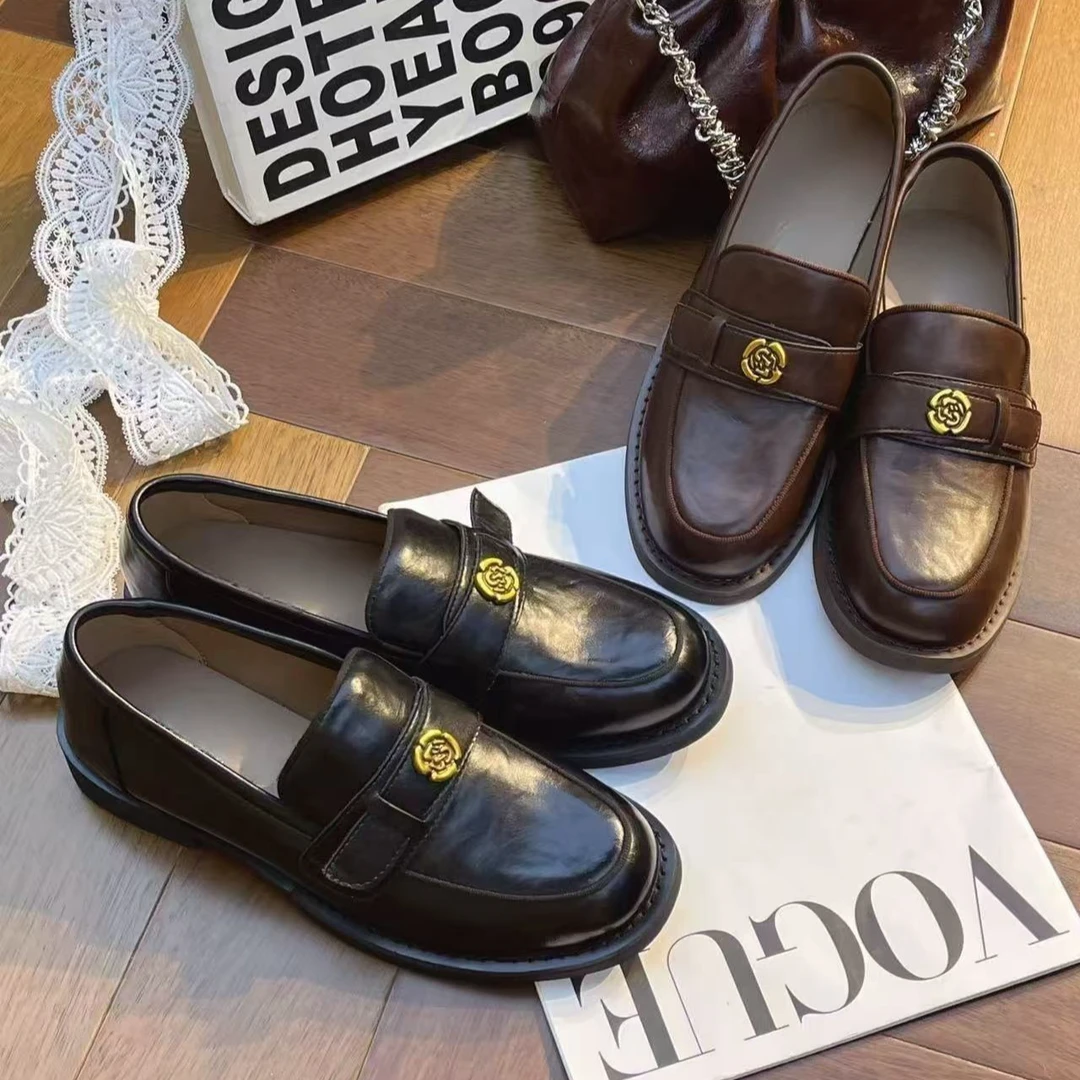 寂静山茶●圆头英伦小皮鞋女黑色复古通勤乐福鞋